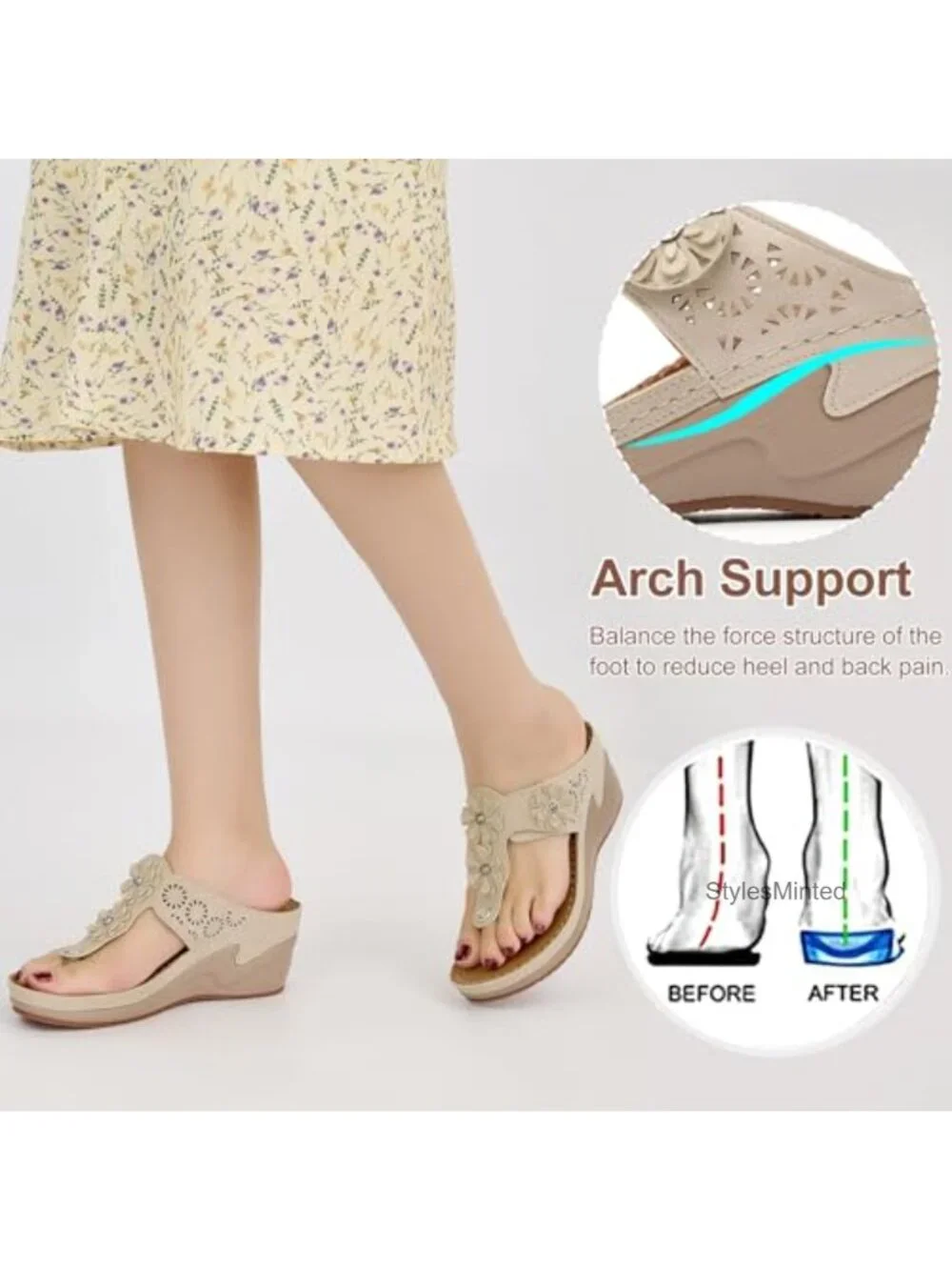Faux Leather Wedge Sandals for Women - Adjustable Flip Flops with Floral Cutouts